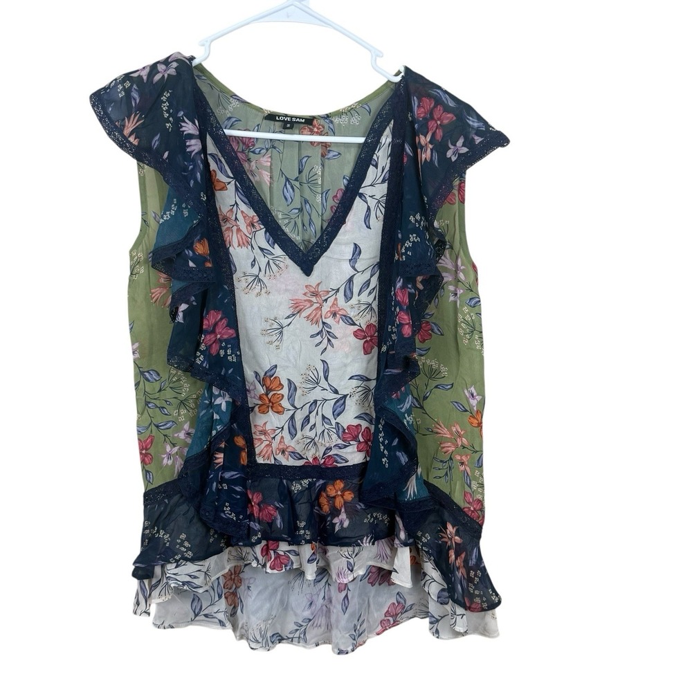 Love Sam Floral Pleated Chiffon Short Sleeve Blouse S Multicolor V‎ Neck